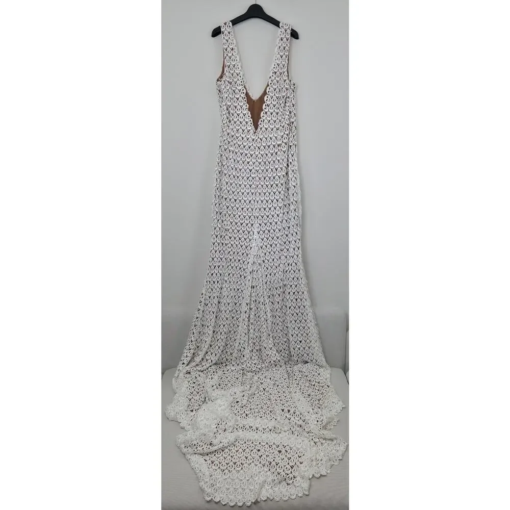 Daughters of Simone Anthro Nude Nev Crochet Lace Wedding Lined Boho Gown 4XL - Picture 3 of 12